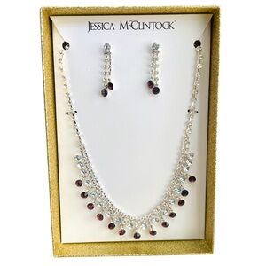 Jessica McClintock Necklace Earrings Set Dangle Crystal Burgundy